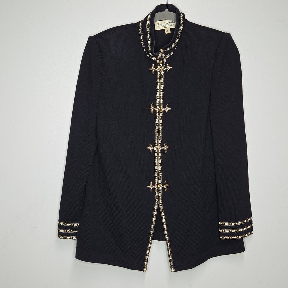 St John Collection Santana Knit Jacket 14 Black Gold Rhinestone Bee Toggle Frog